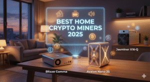 Best Home Crypto Miners 2025 - Bitaxe, Avalon Nano 3S, and Jasminer X16-Q on a desk.