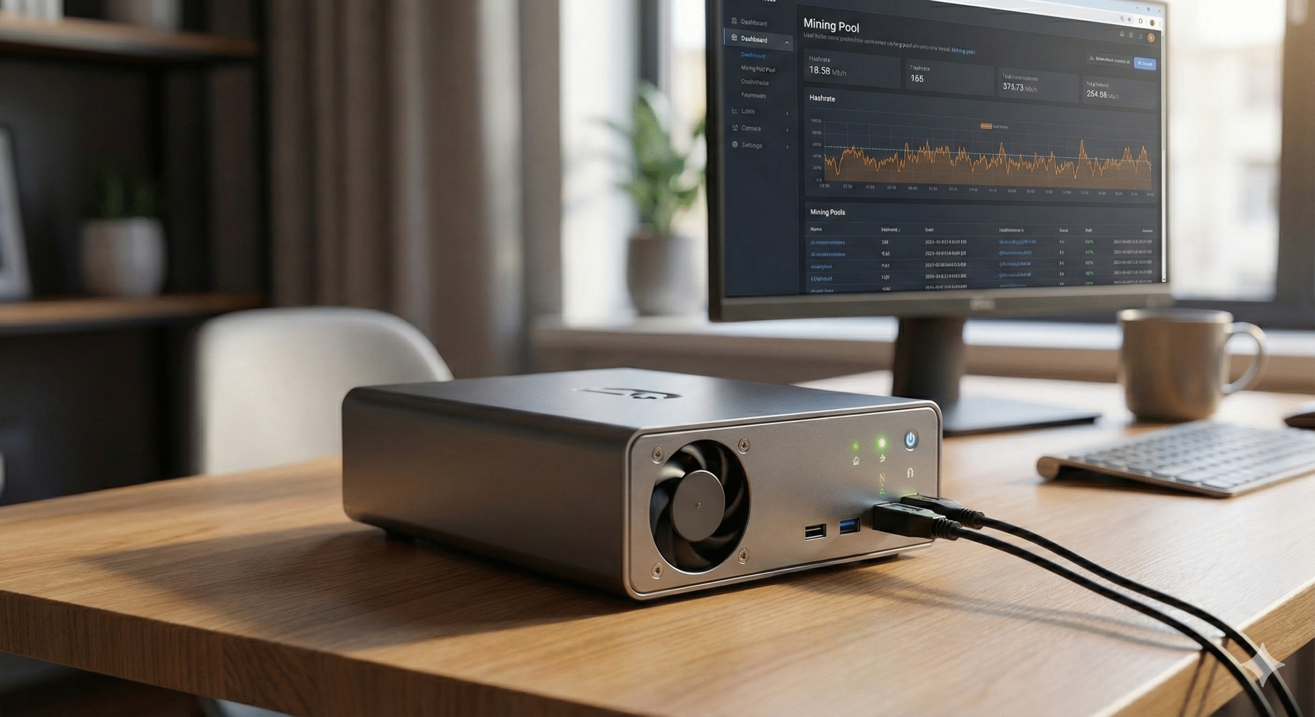 Bitaxe Gamma home miner running on a desk with mining pool statistics on a monitor in the background