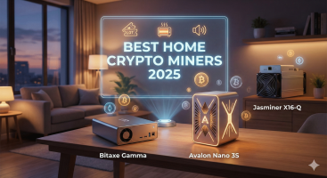 Best Home Crypto Miners 2025 - Bitaxe, Avalon Nano 3S, and Jasminer X16-Q on a desk.
